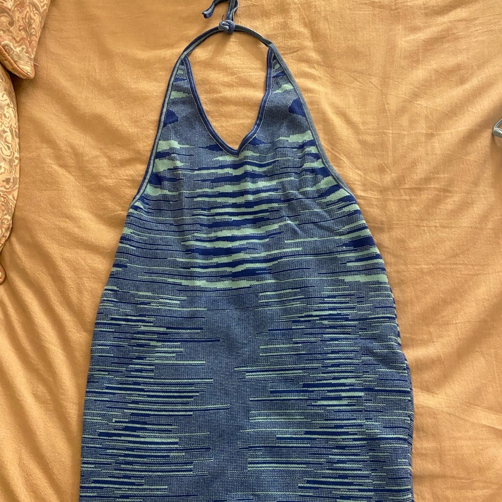 Halter mini blue knit dress